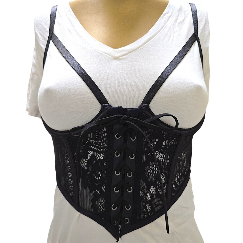 Killstar Arden Lace Basque Corset Top Black Underbust Strappy Large NWT